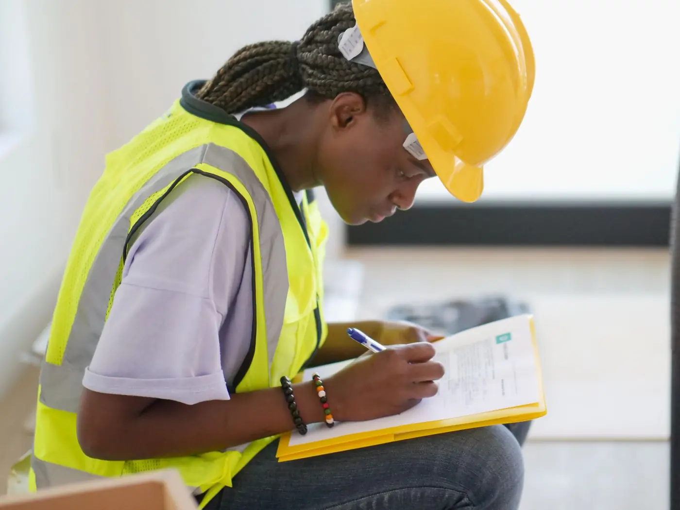 Environmental inspector in a hard hat and high-visibility vest recording findings on an inspection checklist inside a building