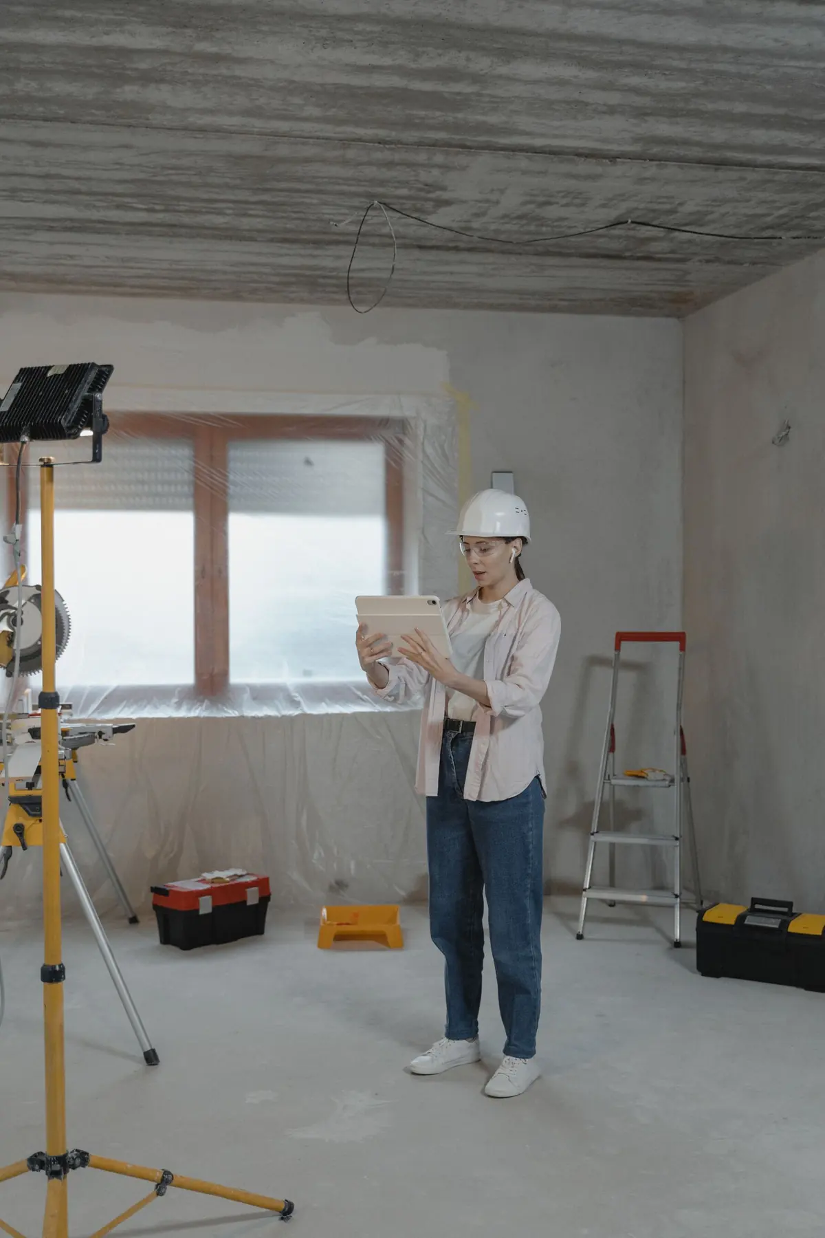 Environmental consultant documenting conditions in a prepared work area protected with polyethylene sheeting
